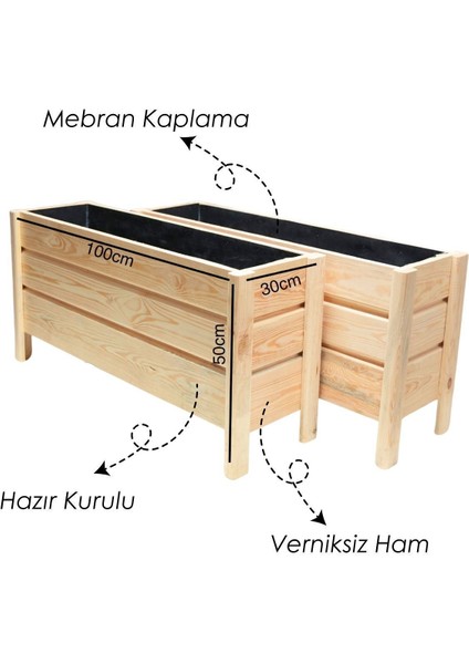 Elite Ahşap Saksı Dış Mekan Çiçeklik Dekoratif Büyük Boy Saksı Hazır Kurulu 100CM x 30CM Yükseklik 50CM 1 Adet