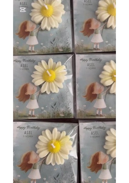Elite 10 Adet Özel Tasarlanmış Kart ve Papatya Mum. Bebek Doğum, Babyshower, Doğum Günü, Hediyelik 1 Adet