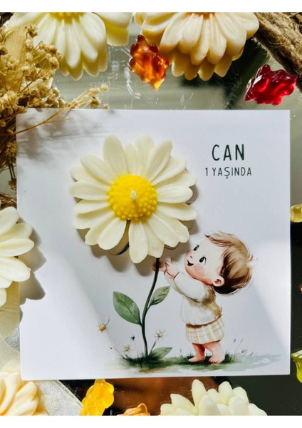 Elite 10 Adet Özel Tasarlanmış Kart ve Papatya Mum. Bebek Doğum, Babyshower, Doğum Günü, Hediyelik 1 Adet
