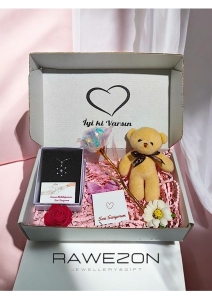 3'lü Hediye Set Mor Lotus Kolye-Sonsuzluk Gülü-Peluş Ayıcık Anahtarlık Sevdiklerinize Özel 1 Adet