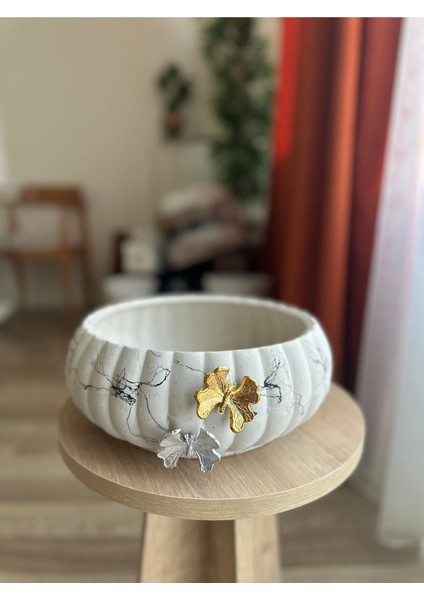 Elite Seramik Saksı Mermer Desenli Gold Detaylı 11 cm Yükseklik ,24 cm Çap (1 Adet ) 1 Adet