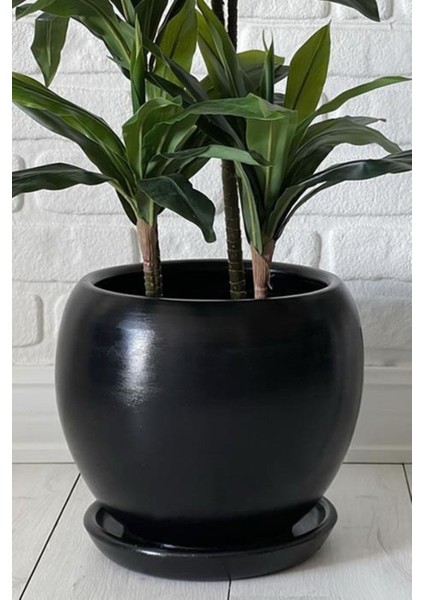 Elite 10LITRE Küre Saksı Tabaklı 23CMX23CM Siyah Renk 1 Adet
