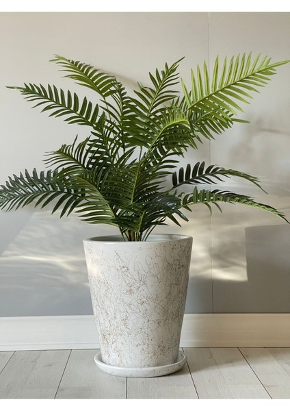 Elite 10LITRE Uzun Konik Saksı Tabaklı YÜKSEKLIK:25CM ÇAP:22CM Beyaz-Gold Renk 1 Adet
