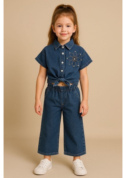 Çiçek Detaylı Denim Takım