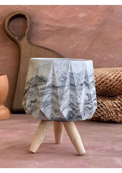Elite El Yapımı Ahşap Ayaklı Antrasit Desenli Beyaz Beton Saksı - Minimalist Dekoratif Saksı 1 Adet