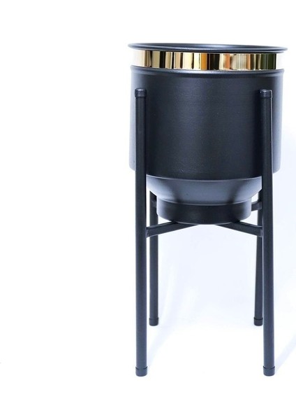 Elite Metal Saksı Ayaklı Çiçeklik Siyah Gold Detaylı Dekoratif Saksı Vazo Saksılık 41X21CM 1 Adet