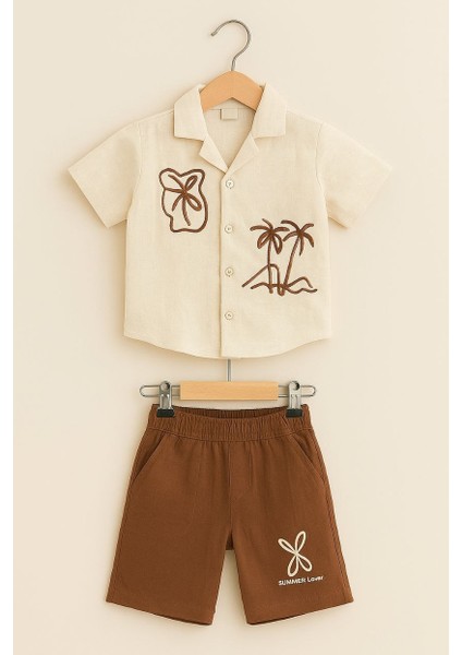 Erkek Keten Nakışlı Gömlek Müslin Şort Takım