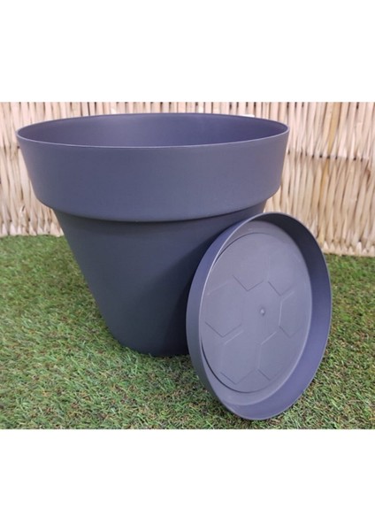 Elite Saksı 3 Adet 6 Lt Gri Renk Tabaklı Saksı Çiçek Saksısı Plastik Saksı Yalı Saksı 1 Adet