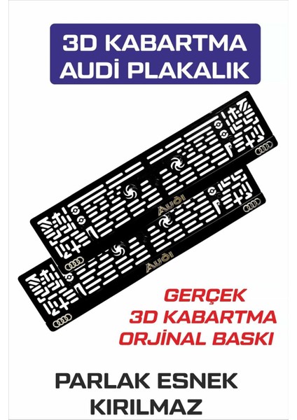 Audi Logolu 3D Kabartma Harf Logo ve Yazılı Oto Plakalık 2 Adet Kırılmaz Esnek