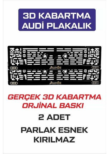 Audi Logolu 3D Kabartma Harf Logo ve Yazılı Oto Plakalık 2 Adet Kırılmaz Esnek