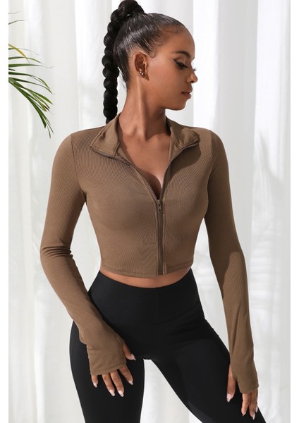 Kadın Kahverengi Uzun Kol Fermuarlı Parmak Geçme Detaylı Dik Yaka Crop Top Bluz modelleri