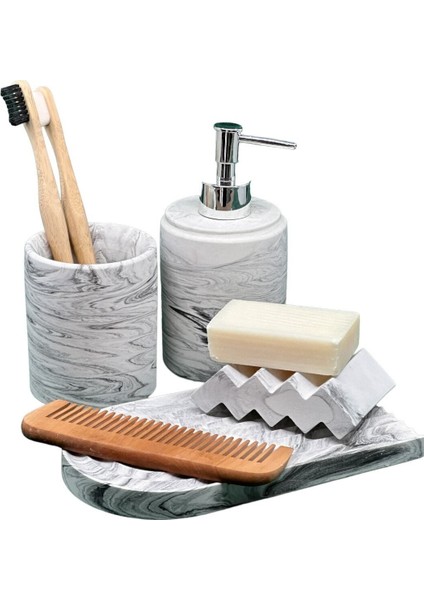 Elite 4 Parça Mermer Desenli Beton Banyo Seti Katı ve Sıvı Sabunluk Diş Fırçalık Sunum Tepsisi 1 Adet