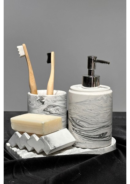 Elite 4 Parça Mermer Desenli Beton Banyo Seti Katı ve Sıvı Sabunluk Diş Fırçalık Sunum Tepsisi 1 Adet fiyatları