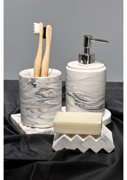 Elite 4 Parça Mermer Desenli Beton Banyo Seti Katı ve Sıvı Sabunluk Diş Fırçalık Sunum Tepsisi 1 Adet modelleri