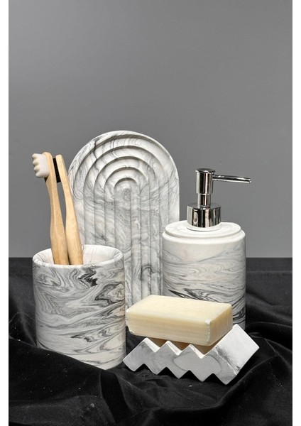 Elite 4 Parça Mermer Desenli Beton Banyo Seti Katı ve Sıvı Sabunluk Diş Fırçalık Sunum Tepsisi 1 Adet fırsatları
