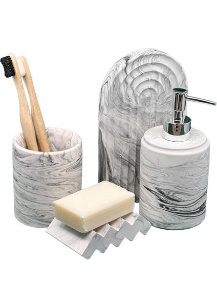 Elite 4 Parça Mermer Desenli Beton Banyo Seti Katı ve Sıvı Sabunluk Diş Fırçalık Sunum Tepsisi 1 Adet indirimleri