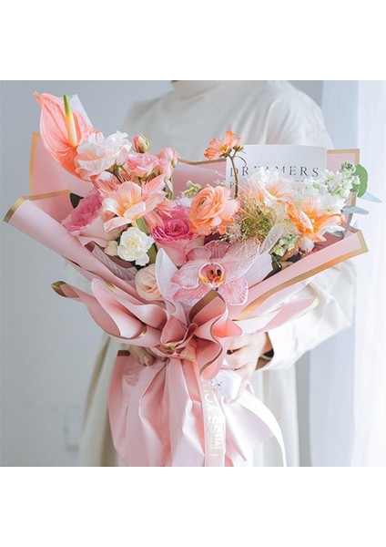 Çiçek Buket Ambalaj Jelatin Kağıdı (Pembe Zemin ve Rose Gold Kenarlı) Mat Opp 55X55CM 10ADET 1 Adet indirimleri