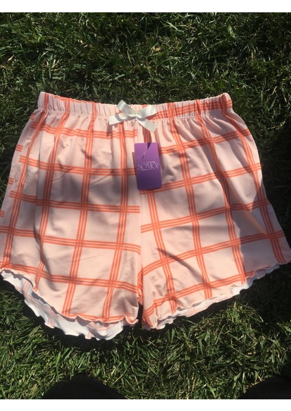 Kadın Ekoseli Fırfırlı Şort Pijama Altı