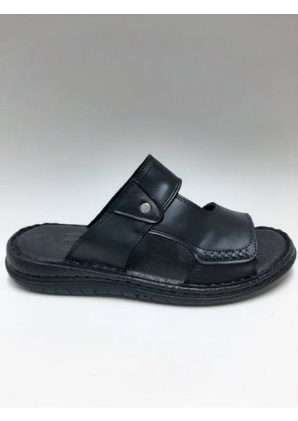 Hakiki Deri Siyah Günlük Burnu Açık Rahat Tabanlı Erkek Terlik C-987042PKRTRLK