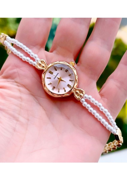 Altın Renk Pembe Kadran Inci Süslemeli Minimal Vintage Kadın Kol Saati fırsatları