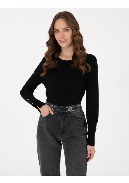 Kadın Siyah Slim Fit Basic Kazak 50310735-VR046