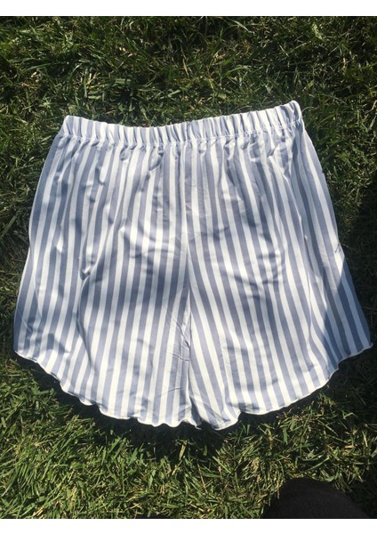 Kadın Çizgili Fırfırlı Şort Pijama Altı