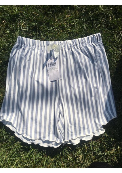 Kadın Çizgili Fırfırlı Şort Pijama Altı