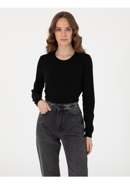 Kadın Siyah Slim Fit Basic Kazak 50315758-VR046