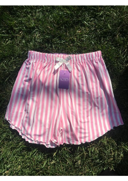 Kadın Çizgili Fırfırlı Şort Pijama Altı