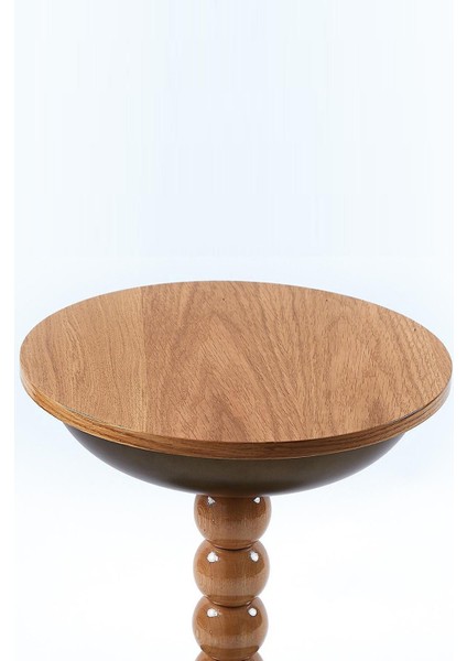 Mdf Üst Tablalı Yan Sehpa, Zigon Sehpa, Bronz Metal Gövde ve Ahşap Ayak – 60X40 cm