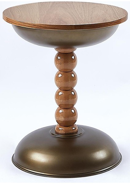 Mdf Üst Tablalı Yan Sehpa, Zigon Sehpa, Bronz Metal Gövde ve Ahşap Ayak – 60X40 cm