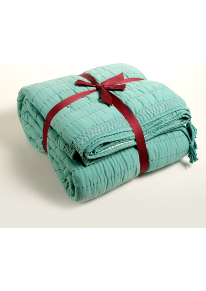 Okhla El Işi Kapitoneli Kıng Sıze Pamuk Saten Yatak Örtüsü Seti 260X280 cm Yeşil modelleri