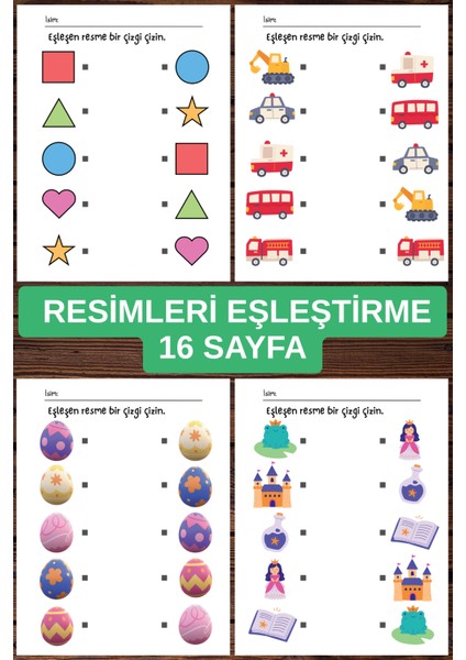 Resimleri Eşleştirme, 16 Sayfa, Eğitici Sayfalar.