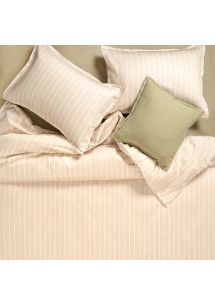 Solıd 300 Tc Geniş Çizgili Çift Kişilik Pamuk Saten Nevresim Seti 200X220 cm Krem
