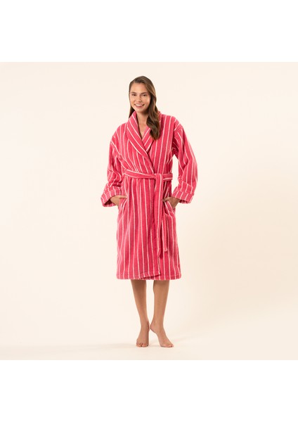 Solıd Geniş Çizgili Iplik Boyalı Pamuk %100 Pamuk Bornoz - Fuşya
