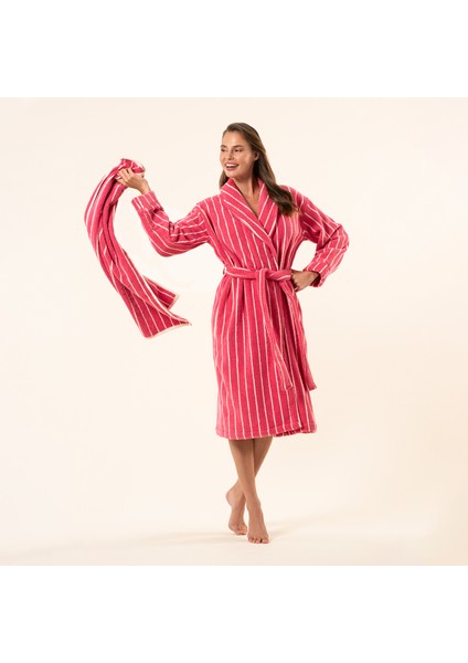 Solıd Geniş Çizgili Iplik Boyalı Pamuk %100 Pamuk Bornoz - Fuşya fırsatları