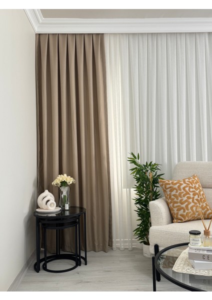 Bej Keten Fon Perde Sık Pile