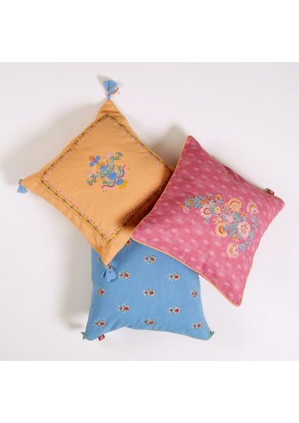 Ghunı Püsküllü Nakışlı Pamuk Dolgulu Kırlent 50X50 cm Açık Mavi