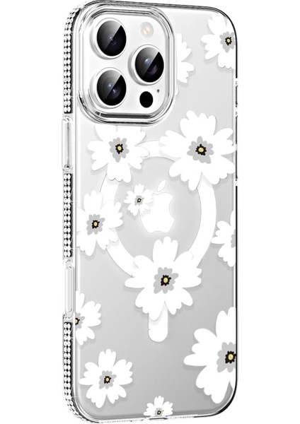 iPhone 16 Pro Max Magsafe Uyumlu Sert Kılıf – Şeffaf, Çiçek Desenli, Elmas Taşlı