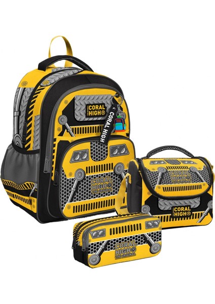 Üç Bölmeli Siyah Sarı Robot, Erkek Çocuk, Ilkokul Üçlü Okul Çanta Seti