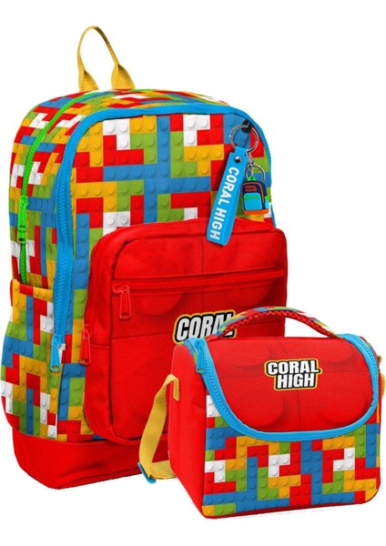 Erkek Çocuklar Için Dayanıklı Ikili Ilk Okul Çanta Seti - Kırmızı Yapı Blokları