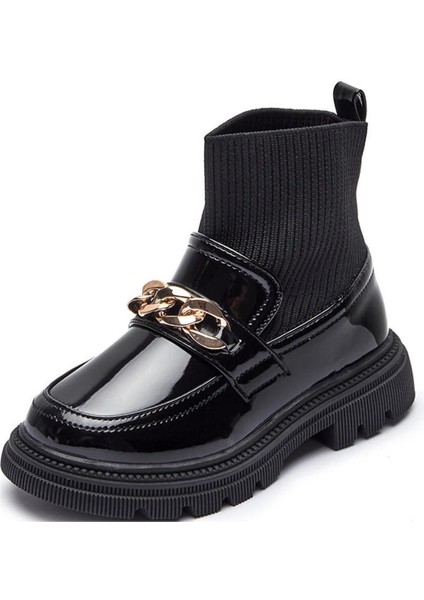 Rugan Gold Zincir Detaylı Çocuk Çorap Çizme - Siyah
