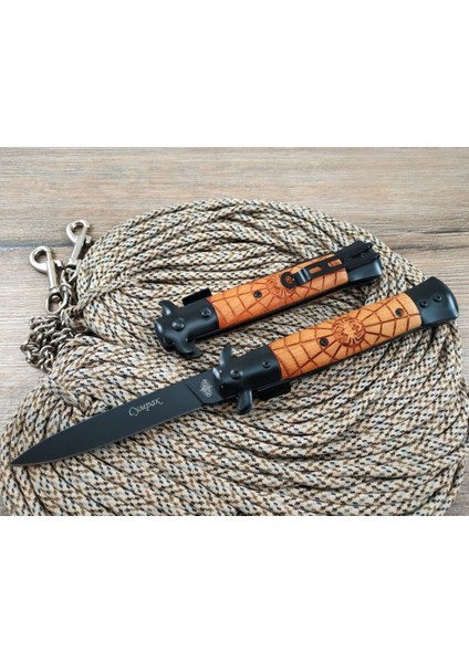 Kişiye Özel Scorpion Tasarımlı Ahşap Saplı Kamp Outdoor Cep Çakısı