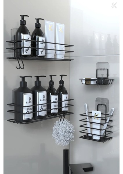 banyo Rafı Düzenleyici Paslanmaz Yapışkanlı Siyah Duş Metal Set Kancalı Sabunluk Diş Fırçalık Rafı