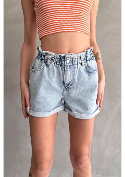 Beli Lastikli Pileli Duble Paça Denim Şort
