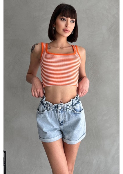 Beli Lastikli Pileli Duble Paça Denim Şort