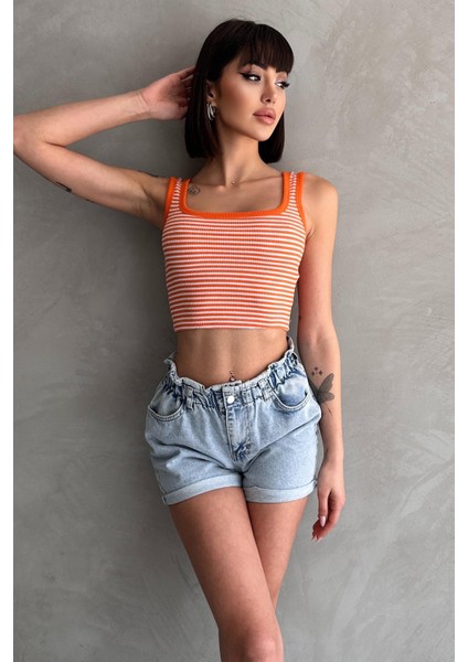 Beli Lastikli Pileli Duble Paça Denim Şort