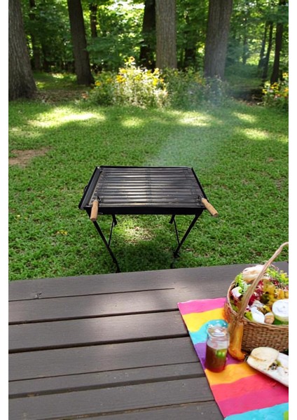 40X70 cm Köfteci Izgarası Oluklu Ahşap Saplı - Izgaralı Demir Mangal Portatif Katlanır Ayaklı