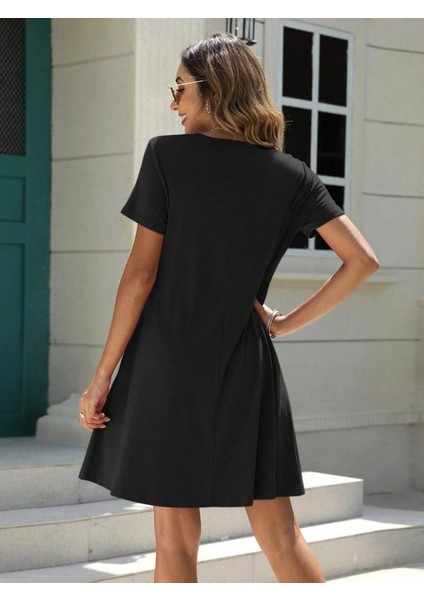 Kadın Kısa Kollu V Yaka Önü Düğmeli Viskon Elbise fiyatları