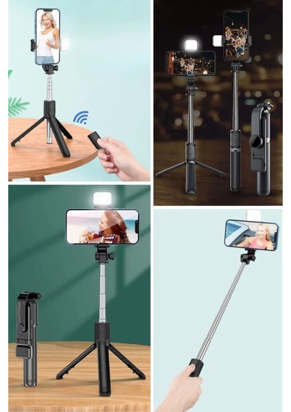 Kendiliğinden Işıklı Masaüstü Tripod Olabilen Telefon Tutuculu Kablosuz Kumandalı Selfie Çubuğu indirimleri